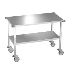 Stainless steel mobile veterinary transport table with shelf
